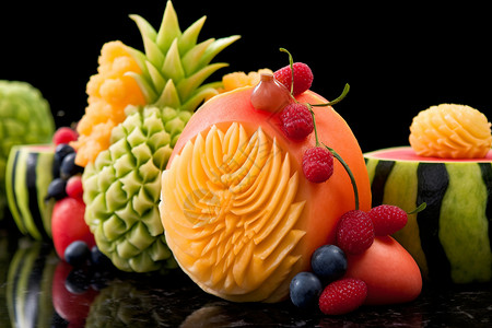 精致蛋糕造型精致雕刻的各种水果背景
