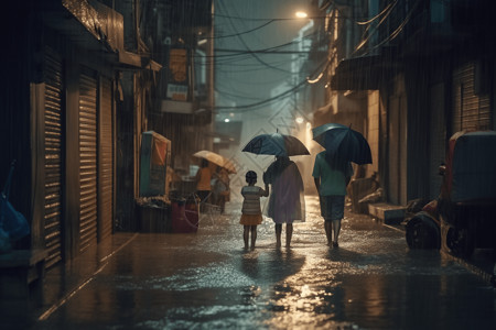 孩子打伞一家人在暴雨中打伞设计图片