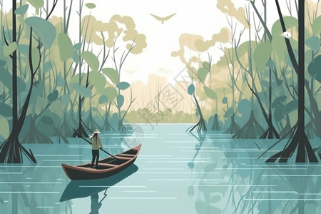 沙巴红树林一名渔夫乘坐小船插画
