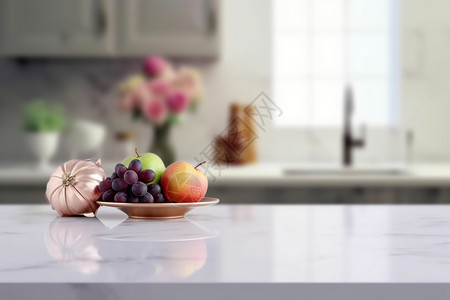 台盆柜厨房模糊背景台面上的水果盘设计图片