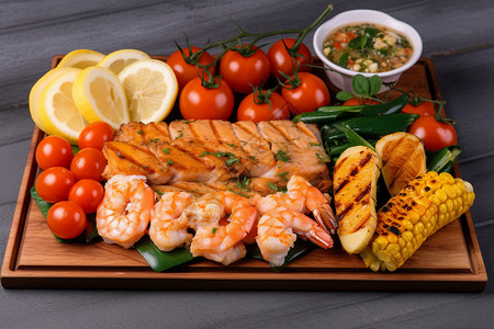 烤蔬菜和鱼虾拼盘背景图片