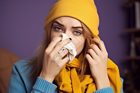 年轻的国外女子感冒擤鼻涕高清图片