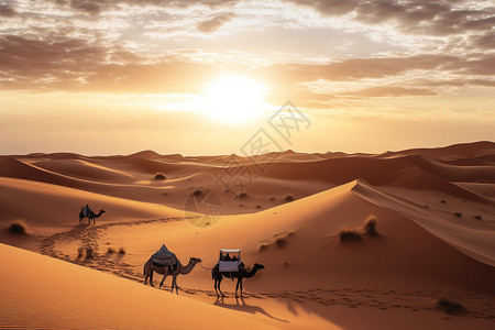 骆驼在沙漠中穿梭高清图片