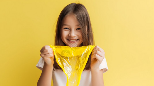 女孩开心的玩黄色史莱姆高清图片