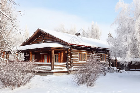 冬季乡下的木质房屋图片