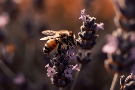 薰衣草田中采集花蜜的蜜蜂背景图片