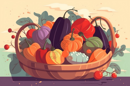 新鲜蔬菜茄子一篮子五颜六色的蔬菜插画