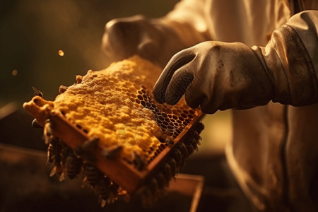 养蜂人戴着手套处理蜂窝背景图片