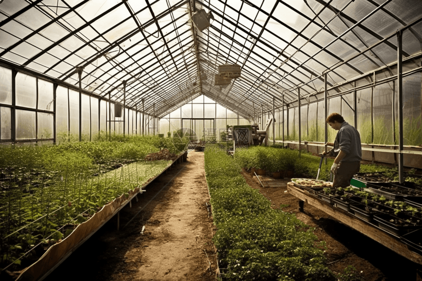 在温室大棚浇水的工人图片