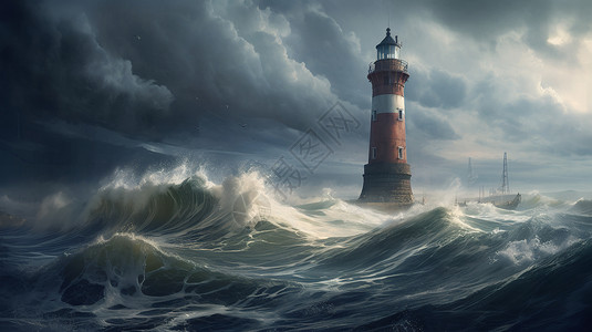 海水涨潮笼罩着一座灯塔图片