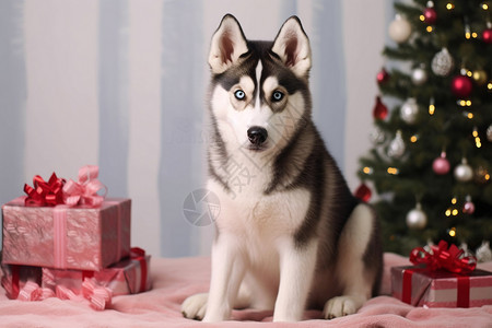圣诞节布置的哈士奇宠物图片