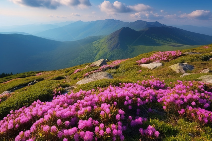 山坡上一片粉色的杜鹃花图片