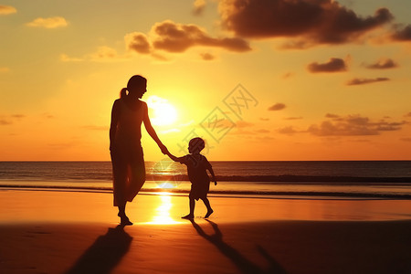海滩上玩耍的孩子海滩上玩耍的母亲和孩子的剪影背景