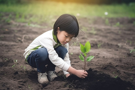 可爱植树节字体亚洲孩子在黑土上种树背景