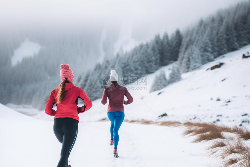 雪后奔跑健身的女孩们图片