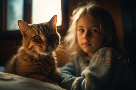 卡通猫脑袋小女孩与猫咪享受着慵懒的下午背景