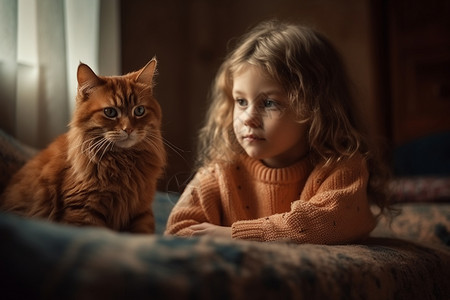 卡通树林和猫一个可爱的小女孩和她的猫背景