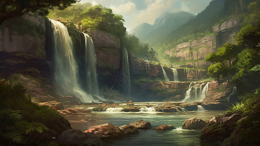 山林风光山林中的瀑布设计图片