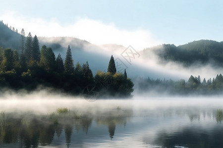 清晨雾在山上的湖泊高清图片