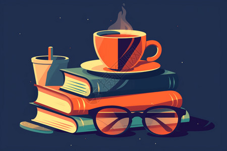 一本书一杯茶一杯咖啡和几本书插画