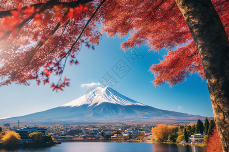 樱花雪亚洲的富士山背景