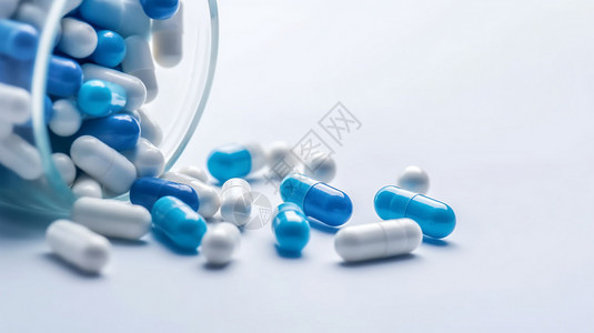 白桌上蓝白胶囊药物高清图片