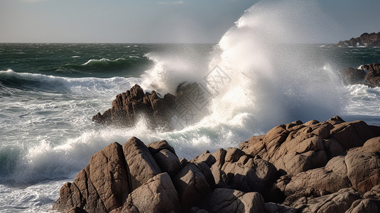 波涛汹涌的海浪撞击岩石图片