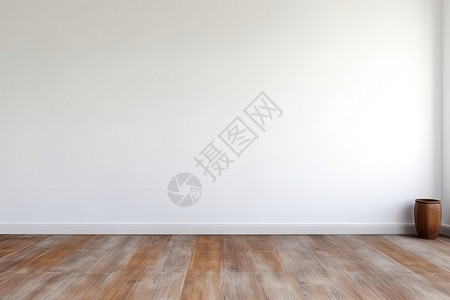 房间内的白色砂浆墙和木地板背景图片