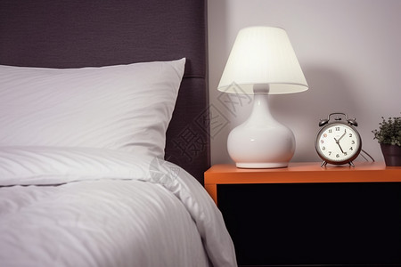 白色闹钟带台灯和闹钟的空卧室设计图片
