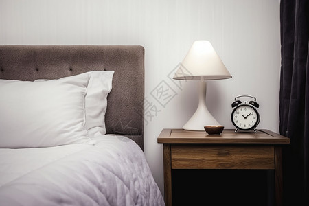 白色闹钟现代家居的床头特写镜头设计图片