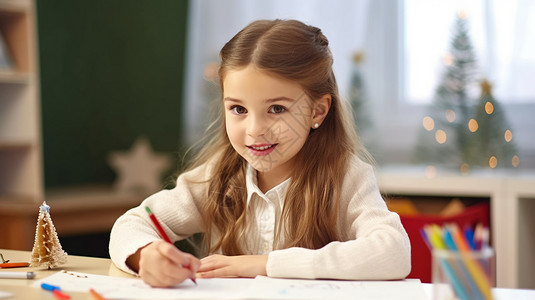 坐在书桌前的小女孩背景图片