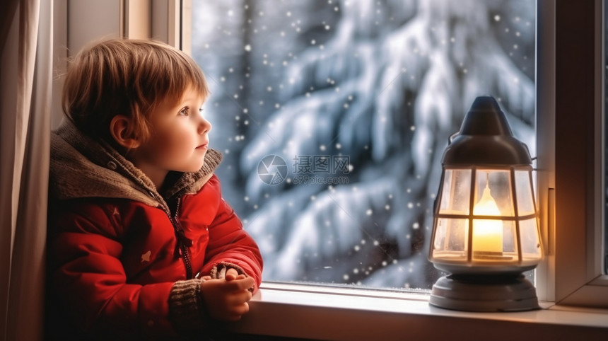欣赏雪景的男孩图片