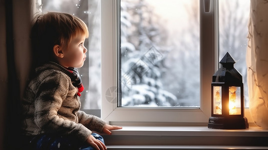 窗边看雪的男孩背景图片