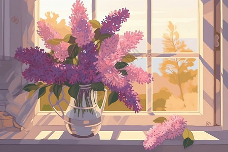 粉色丁香花春季花瓶中培育的紫色丁香花插画