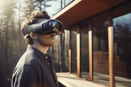 房屋前戴着VR眼镜的男子背景图片
