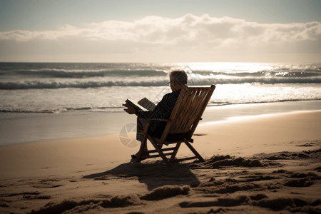 老人躺在沙滩椅上看书背景图片