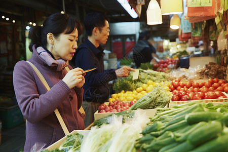 中年女性在菜场买菜市场高清图片素材
