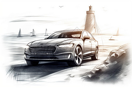 奥迪在背景中带有灯塔的海滩上的汽车草图插画