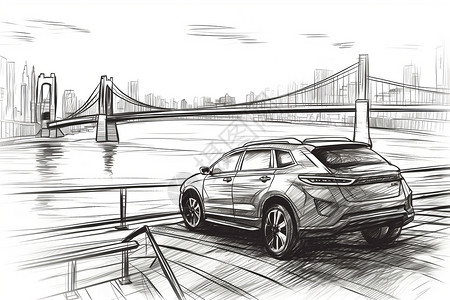 车效果图城市天际线下的混合动力车铅笔素描效果图插画