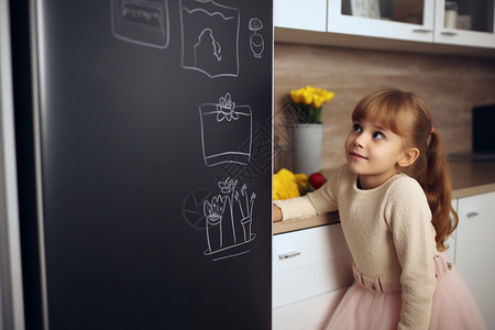 在冰箱留言板上画画的小女孩图片