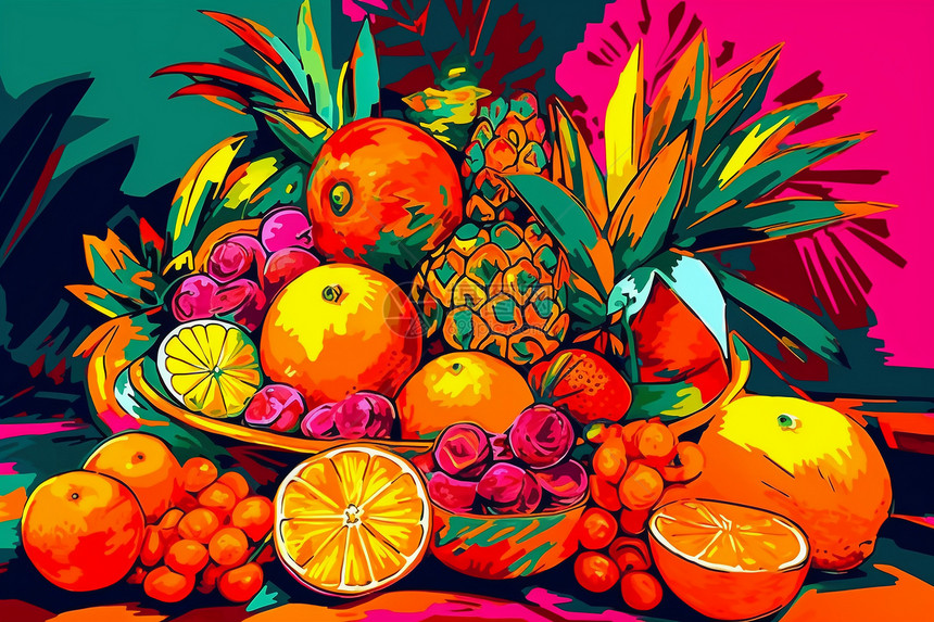 热带水果和鲜花的静物插图图片