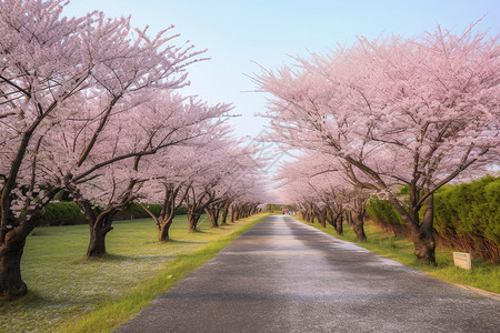道路旁盛开的樱花树图片