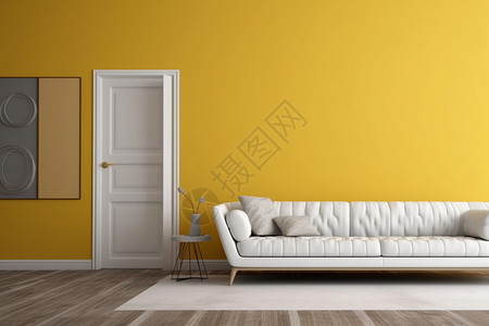 白色与黄色花现代黄色墙壁与白色沙发设计图片