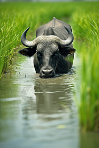 水牛在水中行走图片