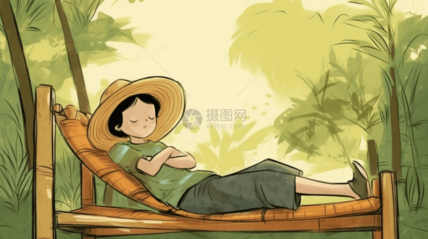 一个男孩正在竹椅上小睡图片