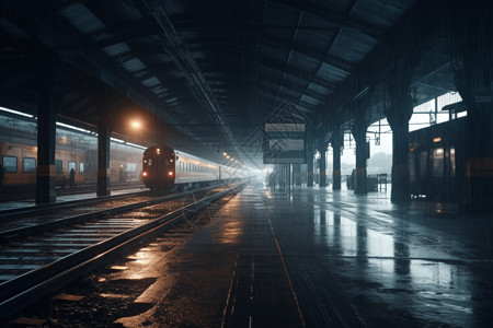 暴雨下刚进站的火车图片