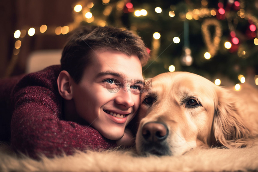 男孩和狗狗开心的度过圣诞节图片