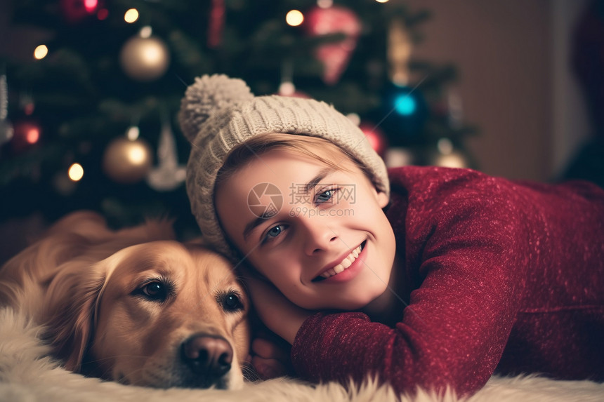 圣诞节男孩和狗狗一起拍照图片