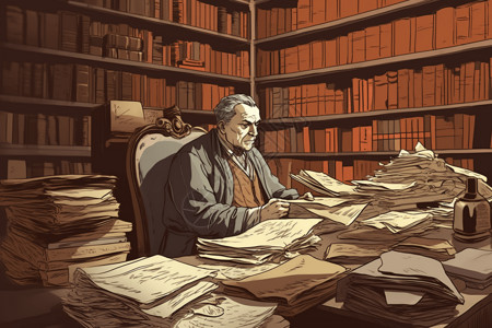 棕色书柜桌子法官在书房里工作插画