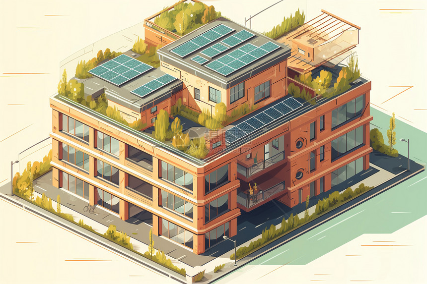 太阳能电池板的建筑物插画图片